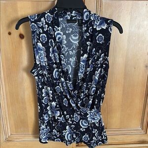 Tahari Black and White Sleeveless Wrap Blouse